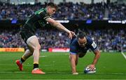3 May 2025; James Lowe of Leinster dives over to score his side's fifth try during the Investec Champions Cup semi-final match between Leinster and Northampton Saints at the Aviva Stadium in Dublin. Photo by Brendan Moran/Sportsfile
