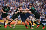 3 May 2025; Jordie Barrett of Leinster is tackled by Henry Pollock, left, and Fraser Dingwall of Northampton Saints during the Investec Champions Cup semi-final match between Leinster and Northampton Saints at the Aviva Stadium in Dublin. Photo by Brendan Moran/Sportsfile