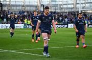 3 May 2025; Leinster players, from left, Tommy O'Brien, Jordie Barrett, Joe McCarthy and Rabah Slimani after the Investec Champions Cup semi-final match between Leinster and Northampton Saints at the Aviva Stadium in Dublin. Photo by Brendan Moran/Sportsfile