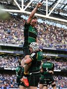 3 May 2025; Henry Pollock, top, and Curtis Langdon of Northampton Saints celebrate after the Investec Champions Cup semi-final match between Leinster and Northampton Saints at the Aviva Stadium in Dublin. Photo by Brendan Moran/Sportsfile