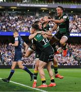 3 May 2025; Alex Mitchell, right, and Tommy Freeman of Northampton Saints, 14, celebrates with team-mates after the Investec Champions Cup semi-final match between Leinster and Northampton Saints at the Aviva Stadium in Dublin. Photo by Brendan Moran/Sportsfile