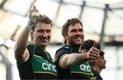 3 May 2025; James Ramm, left, and Angus Scott-Young of Northampton Saints after the Investec Champions Cup semi-final match between Leinster and Northampton Saints at the Aviva Stadium in Dublin. Photo by Seb Daly/Sportsfile