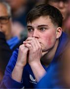 3 May 2025; A Leinster supporter reacts during the Investec Champions Cup semi-final match between Leinster and Northampton Saints at the Aviva Stadium in Dublin. Photo by Seb Daly/Sportsfile