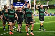 3 May 2025; Henry Pollock of Northampton Saints, centre, and team-mates celebrate after the Investec Champions Cup semi-final match between Leinster and Northampton Saints at the Aviva Stadium in Dublin. Photo by David Fitzgerald/Sportsfile