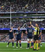 3 May 2025; Referee Pierre Brousset shows a yellow card to Alex Coles of Northampton Saints, not pictured, during the Investec Champions Cup semi-final match between Leinster and Northampton Saints at the Aviva Stadium in Dublin. Photo by Brendan Moran/Sportsfile