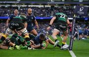 3 May 2025; Tom James of Northampton Saints steps over the ball on the try line in the last play of the game during the Investec Champions Cup semi-final match between Leinster and Northampton Saints at the Aviva Stadium in Dublin. Photo by Brendan Moran/Sportsfile