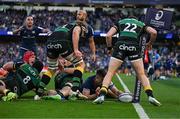 3 May 2025; Ross Byrne of Leinster touches the ball down on the try line in the last play of the game during the Investec Champions Cup semi-final match between Leinster and Northampton Saints at the Aviva Stadium in Dublin. Photo by Brendan Moran/Sportsfile