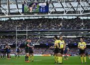 3 May 2025; Referee Pierre Brousset, centre, watches the TMO from the last play of the game during the Investec Champions Cup semi-final match between Leinster and Northampton Saints at the Aviva Stadium in Dublin. Photo by Brendan Moran/Sportsfile
