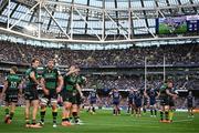 3 May 2025; Northampton Saints players watch the last minute play on the big screen being reviewed by referee Pierre Brousset during the Investec Champions Cup semi-final match between Leinster and Northampton Saints at the Aviva Stadium in Dublin. Photo by Brendan Moran/Sportsfile