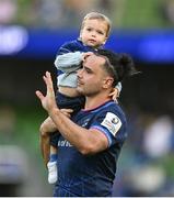 3 May 2025; James Lowe of Leinster with his son Nico after the Investec Champions Cup semi-final match between Leinster and Northampton Saints at the Aviva Stadium in Dublin. Photo by David Fitzgerald/Sportsfile