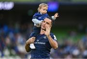 3 May 2025; James Lowe of Leinster with his son Nico after the Investec Champions Cup semi-final match between Leinster and Northampton Saints at the Aviva Stadium in Dublin. Photo by David Fitzgerald/Sportsfile