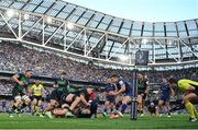 3 May 2025; Josh van der Flier of Leinster loses the ball in a tackle by Alex Coles of Northampton Saints in the last play of the game during the Investec Champions Cup semi-final match between Leinster and Northampton Saints at the Aviva Stadium in Dublin. Photo by Brendan Moran/Sportsfile