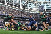 3 May 2025; The ball hits off the leg of Ross Byrne of Leinster in the last play of the game during the Investec Champions Cup semi-final match between Leinster and Northampton Saints at the Aviva Stadium in Dublin. Photo by Brendan Moran/Sportsfile
