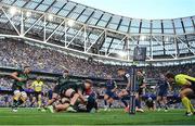 3 May 2025; Josh van der Flier of Leinster loses the ball in a tackle by Alex Coles of Northampton Saints in the last play of the game during the Investec Champions Cup semi-final match between Leinster and Northampton Saints at the Aviva Stadium in Dublin. Photo by Brendan Moran/Sportsfile
