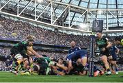 3 May 2025; The ball hits off the leg of Ross Byrne of Leinster in the last play of the game during the Investec Champions Cup semi-final match between Leinster and Northampton Saints at the Aviva Stadium in Dublin. Photo by Brendan Moran/Sportsfile