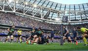 3 May 2025; Josh van der Flier of Leinster loses the ball in a tackle by Alex Coles of Northampton Saints in the last play of the game during the Investec Champions Cup semi-final match between Leinster and Northampton Saints at the Aviva Stadium in Dublin. Photo by Brendan Moran/Sportsfile