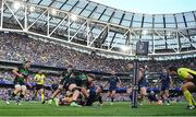 3 May 2025; Josh van der Flier of Leinster loses the ball in a tackle by Alex Coles of Northampton Saints in the last play of the game during the Investec Champions Cup semi-final match between Leinster and Northampton Saints at the Aviva Stadium in Dublin. Photo by Brendan Moran/Sportsfile