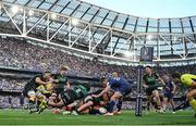 3 May 2025; Josh van der Flier of Leinster loses the ball in a tackle by Alex Coles of Northampton Saints in the last play of the game during the Investec Champions Cup semi-final match between Leinster and Northampton Saints at the Aviva Stadium in Dublin. Photo by Brendan Moran/Sportsfile