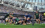 3 May 2025; Josh van der Flier of Leinster loses the ball in a tackle by Alex Coles of Northampton Saints in the last play of the game during the Investec Champions Cup semi-final match between Leinster and Northampton Saints at the Aviva Stadium in Dublin. Photo by Brendan Moran/Sportsfile