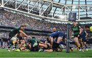 3 May 2025; The ball hits off the leg of Ross Byrne of Leinster in the last play of the game during the Investec Champions Cup semi-final match between Leinster and Northampton Saints at the Aviva Stadium in Dublin. Photo by Brendan Moran/Sportsfile