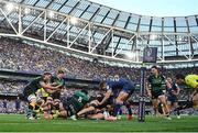 3 May 2025; Josh van der Flier of Leinster loses the ball in a tackle by Alex Coles of Northampton Saints in the last play of the game during the Investec Champions Cup semi-final match between Leinster and Northampton Saints at the Aviva Stadium in Dublin. Photo by Brendan Moran/Sportsfile