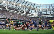 3 May 2025; Josh van der Flier of Leinster loses the ball in a tackle by Alex Coles of Northampton Saints in the last play of the game during the Investec Champions Cup semi-final match between Leinster and Northampton Saints at the Aviva Stadium in Dublin. Photo by Brendan Moran/Sportsfile