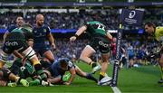 3 May 2025; Tom James of Northampton Saints steps over the ball on the try line in the last play of the game during the Investec Champions Cup semi-final match between Leinster and Northampton Saints at the Aviva Stadium in Dublin. Photo by Brendan Moran/Sportsfile
