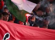 2 May 2025; A flare is seen during the SSE Airtricity Men's Premier Division match between Bohemians and Waterford at Dalymount Park in Dublin. Photo by Michael P Ryan/Sportsfile