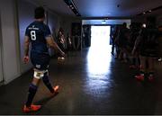 3 May 2025; Leinster captain Caelan Doris leads his side out onto the pitch before the Investec Champions Cup semi-final match between Leinster and Northampton Saints at the Aviva Stadium in Dublin. Photo by Brendan Moran/Sportsfile