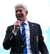 3 May 2025; Leinster Rugby President Declan Gardiner makes a speech after the Leinster Rugby U16 Girls Cup final match between Athy and Arklow at Energia Park in Dublin. Photo by Tyler Miller/Sportsfile