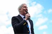 3 May 2025; Leinster Rugby President Declan Gardiner makes a speech after the Leinster Rugby U16 Girls Cup final match between Athy and Arklow at Energia Park in Dublin. Photo by Tyler Miller/Sportsfile