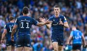 3 May 2025; Sam Prendergast, right, and James Lowe of Leinster during the Investec Champions Cup semi-final match between Leinster and Northampton Saints at the Aviva Stadium in Dublin. Photo by Seb Daly/Sportsfile