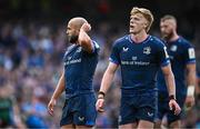 3 May 2025; Leinster players Jamison Gibson-Park, left, and Tommy O'Brien during the Investec Champions Cup semi-final match between Leinster and Northampton Saints at the Aviva Stadium in Dublin. Photo by Seb Daly/Sportsfile