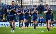 3 May 2025; Sam Prendergast of Leinster, centre,  and teammates after their side's defeat in the Investec Champions Cup semi-final match between Leinster and Northampton Saints at the Aviva Stadium in Dublin. Photo by Seb Daly/Sportsfile