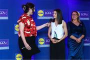 2 May 2025; Eimear Smyth from Fermanagh is interviewed by MC Michelle Ryan at the 2025 Lidl National Leagues awards. Photo by Matt Browne/Sportsfile