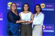 2 May 2025; The players selected on the Teams of the 2025 Lidl National Leagues were presented with their awards at Croke Park on Friday, May 2. The best players from the four divisions in the 2025 Lidl National Football Leagues were selected by the LGFA’s All Star committee. Bronagh Devlin is pictured receiving her Division 4 award from Trina Murray, Ladies Gaelic Football Association President, and Christine McIntyre, Senior Partnerships and Events Manager, Lidl Ireland and Northern Ireland. Photo by Matt Browne/Sportsfile
