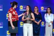 2 May 2025; Ailbhe Clancy from Leitrim is interviewed by MC Michelle Ryan at the 2025 Lidl National Leagues awards. Photo by Matt Browne/Sportsfile