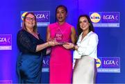 2 May 2025; The players selected on the Teams of the 2025 Lidl National Leagues were presented with their awards at Croke Park on Friday, May 2. The best players from the four divisions in the 2025 Lidl National Football Leagues were selected by the LGFA’s All Star committee. Lara Dahunsi from Antrim is pictured receiving her Division 4 award from Trina Murray, Ladies Gaelic Football Association President, and Christine McIntyre, Senior Partnerships and Events Manager, Lidl Ireland and Northern Ireland. Photo by Matt Browne/Sportsfile
