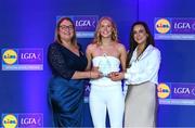 2 May 2025; The players selected on the Teams of the 2025 Lidl National Leagues were presented with their awards at Croke Park on Friday, May 2. The best players from the four divisions in the 2025 Lidl National Football Leagues were selected by the LGFA’s All Star committee. Theresa Mellon from Antrim is pictured receiving her Division 4 award from Trina Murray, Ladies Gaelic Football Association President, and Christine McIntyre, Senior Partnerships and Events Manager, Lidl Ireland and Northern Ireland. Photo by Matt Browne/Sportsfile