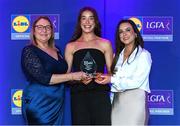 2 May 2025; The players selected on the Teams of the 2025 Lidl National Leagues were presented with their awards at Croke Park on Friday, May 2. The best players from the four divisions in the 2025 Lidl National Football Leagues were selected by the LGFA’s All Star committee. Ana Mulholland from Antrim is pictured receiving her Division 4 award from Trina Murray, Ladies Gaelic Football Association President, and Christine McIntyre, Senior Partnerships and Events Manager, Lidl Ireland and Northern Ireland. Photo by Matt Browne/Sportsfile