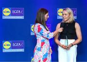 2 May 2025; Katie Quirke from Cork is interviewed by MC Caoimhe Marley Morgan at the 2025 Lidl National Leagues awards. Photo by Matt Browne/Sportsfile