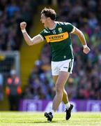 4 May 2025; David Clifford of Kerry celebrates after scoring his side's first goal during the Munster GAA Football Senior Championship final match between Kerry and Clare at Fitzgerald Stadium in Killarney, Kerry. Photo by Brendan Moran/Sportsfile