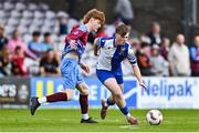 4 May 2025; Ty Corcoran of College Corinthians in action against Mark Leahy of Mervue United during the FAI Youth Cup final match between Mervue United and College Corinthians at Eamonn Deacy Park in Galway. Photo by Tyler Miller/Sportsfile