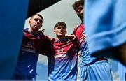 4 May 2025; David Kilraine of Mervue United, centre, issues intructions in a huddle before the FAI Youth Cup final match between Mervue United and College Corinthians at Eamonn Deacy Park in Galway. Photo by Tyler Miller/Sportsfile