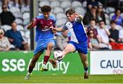 4 May 2025; Ty Corcoran of College Corinthians in action against Atson de Siakam of Mervue United during the FAI Youth Cup final match between Mervue United and College Corinthians at Eamonn Deacy Park in Galway. Photo by Tyler Miller/Sportsfile