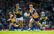 4 May 2025; Dermot Coughlan of Clare in action against David Clifford of Kerry during the Munster GAA Football Senior Championship final match between Kerry and Clare at Fitzgerald Stadium in Killarney, Kerry. Photo by Brendan Moran/Sportsfile