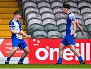 4 May 2025; Joseph Mouret of College Corinthians, left, celebrates with team-mate Kealan Crowe, after Kai O'Neill, not pictured, scores their side's first goal during the FAI Youth Cup final match between Mervue United and College Corinthians at Eamonn Deacy Park in Galway. Photo by Tyler Miller/Sportsfile