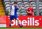 4 May 2025; Joseph Mouret of College Corinthians celebrates as team-mate Kai O'Neill scores their side's first goal during the FAI Youth Cup final match between Mervue United and College Corinthians at Eamonn Deacy Park in Galway. Photo by Tyler Miller/Sportsfile