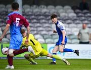4 May 2025; Kai O'Neill of College Corinthians shoots to score his side's first goal during the FAI Youth Cup final match between Mervue United and College Corinthians at Eamonn Deacy Park in Galway. Photo by Tyler Miller/Sportsfile
