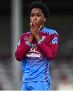 4 May 2025; Sean Nnadi of Mervue United reacts to a missed opportunity on goal during the FAI Youth Cup final match between Mervue United and College Corinthians at Eamonn Deacy Park in Galway. Photo by Tyler Miller/Sportsfile